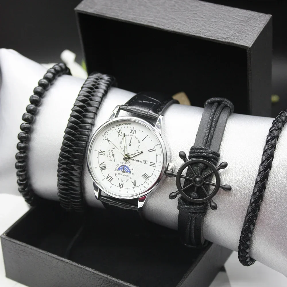 5pcs Set Classic Fashion Quartz Watches Men´s Sports Watches Gentleman Watch Bracelet Box Gift for Men Watch Unique Watches