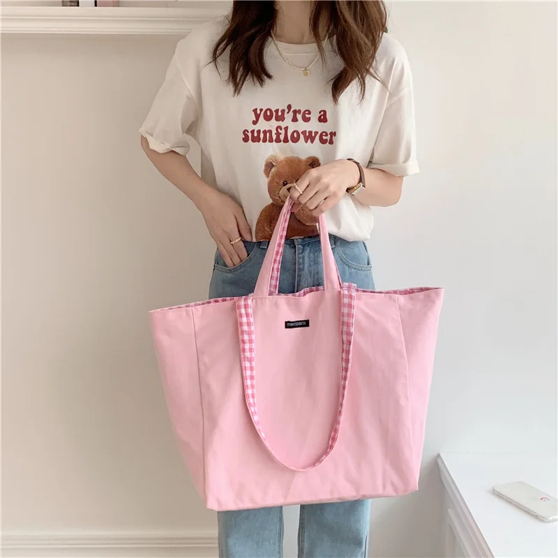 1 pc double-sided Plaid Shopping Bag Reusable 6 Colors large Canvas Shoulder Bag Lady Student Book Handbags Grocery Tote Bag