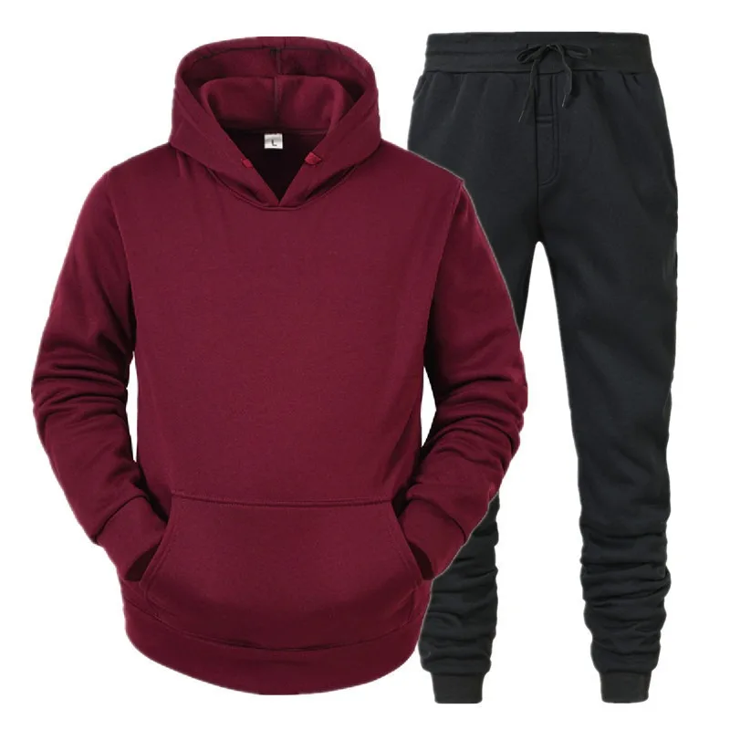 

Autumn and winter casual European size solid color plus plush thick warm hoodie men's solid color sports loose sweatshirt set