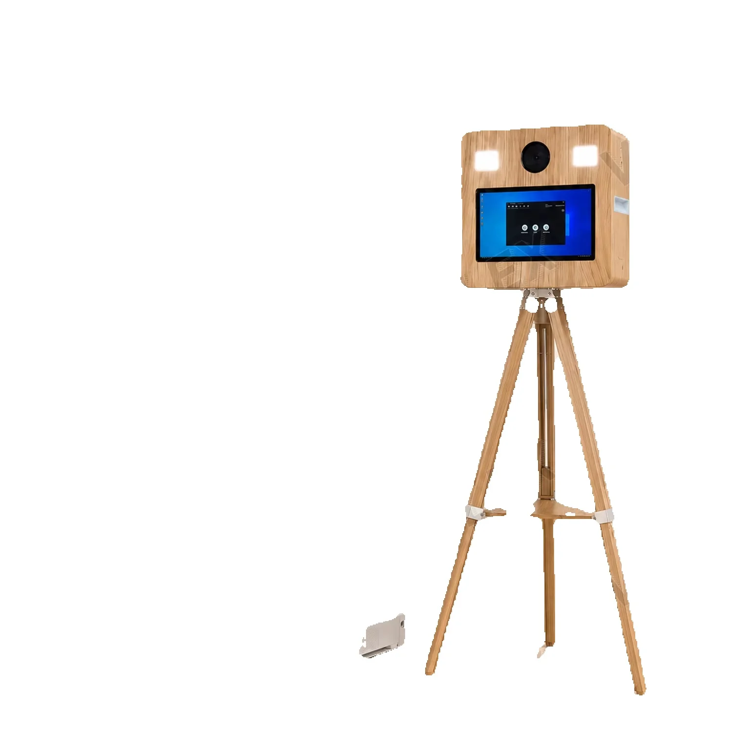 Tragbare Retro-Fotobox mit eingebautem Mini-Computer, LED-Beleuchtung und einem verstellbaren Stativ; ideal für kommerzielle Vermietungen, Messen und Hochzeitsfotografie.