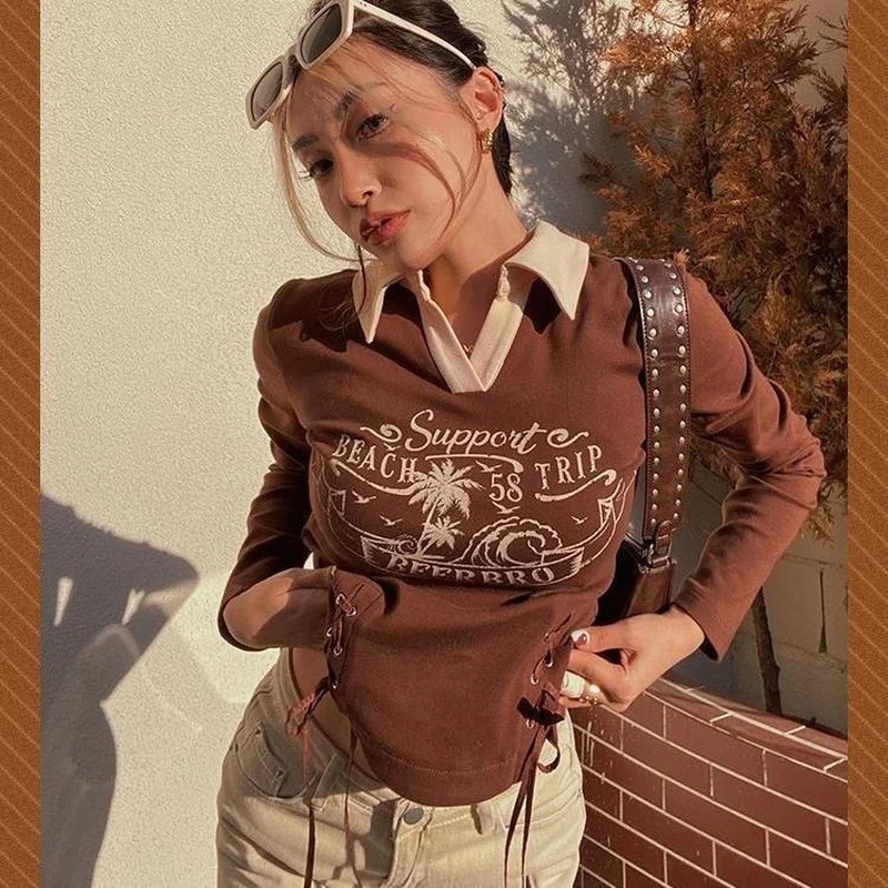 Y2K Vintage Brown Crop Tshirt Women 90s Aesthetic Street Style Patchwrok Drawstring Graphic Sweatshirt Long Sleeve Top