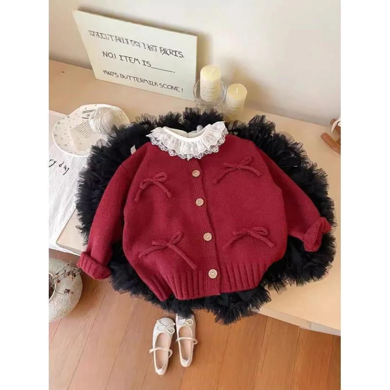 

Children's Clothing Girl's Knitted Cardigan Autumn Baby Girls' New Retro Sweet Tridimensional Bow Pure Color Comfort Sweater