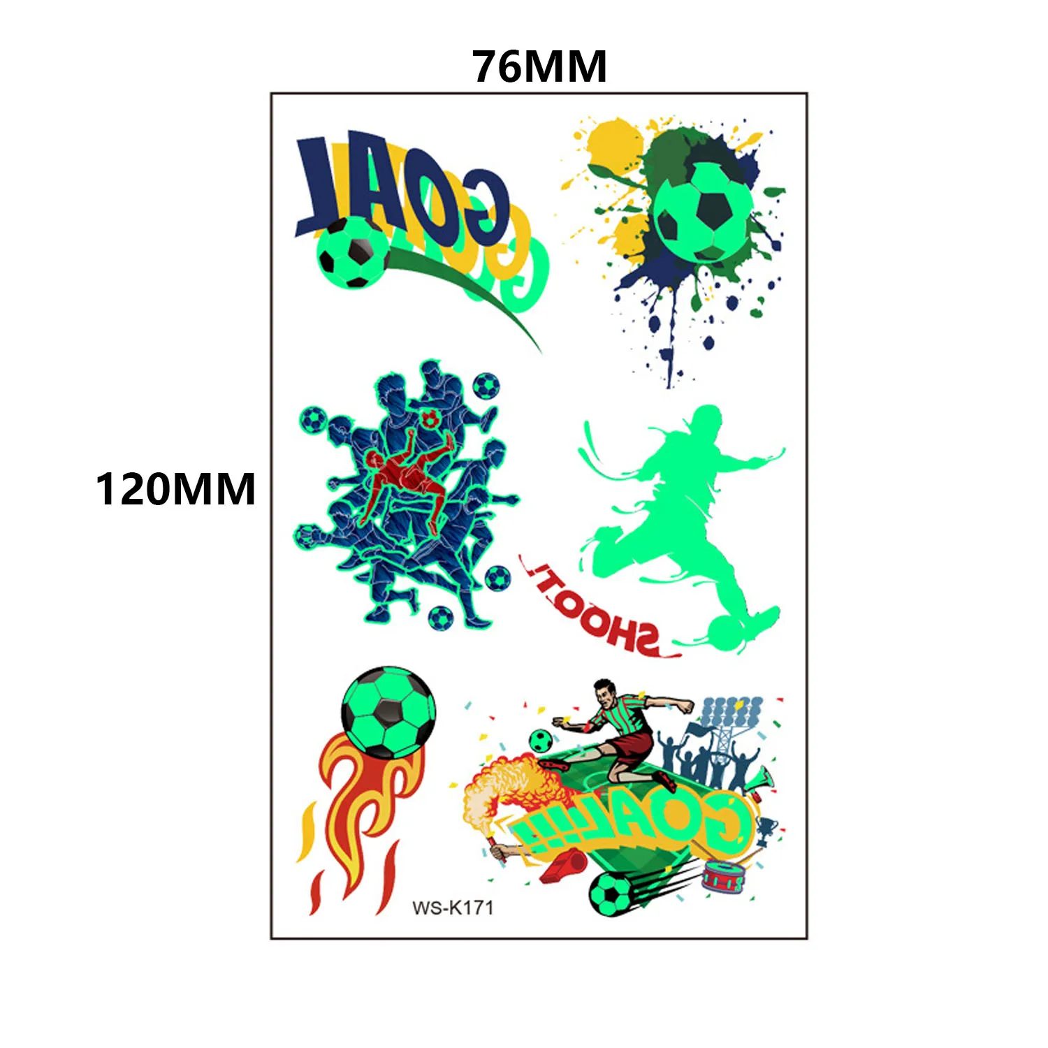一時的な自己粘着性のサッカーステッカー,暗闇で光る,5枚