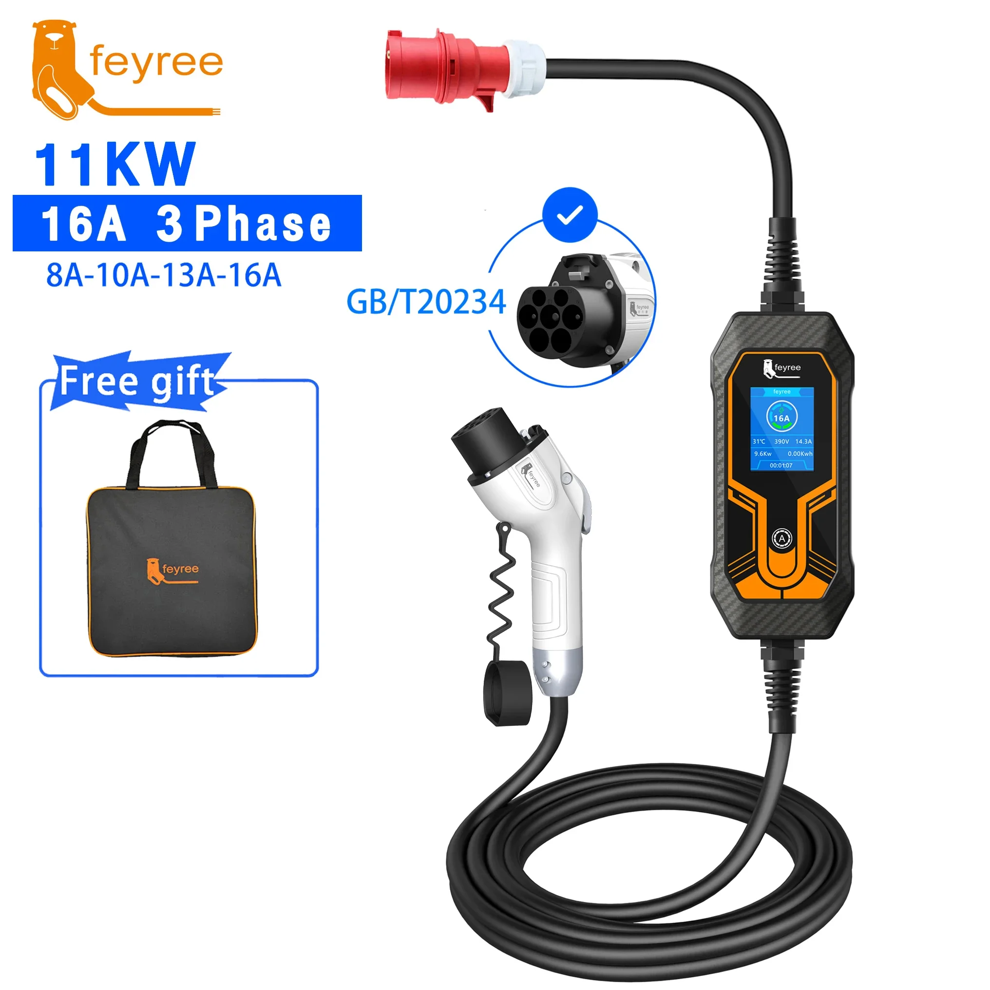 feyree 11KW 16A 3 Phase GB/T Cord EV Portable Charger 5M Cable EVSE Charging Box Car Charger with CEE Plug for Electric Vehicle