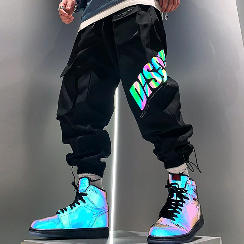 Męskie spodnie Cargo Y2K czarne spodnie sportowe spodnie odblaskowe luźne spodnie Streetwear Pantalon Homme Techwear Streetwear