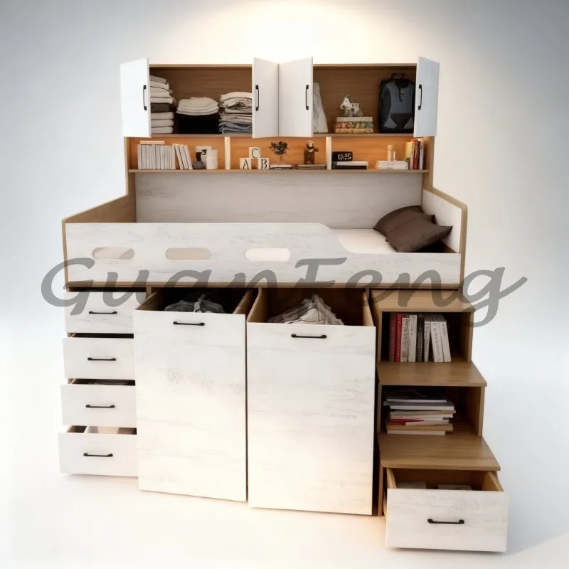 Solid Wood Elevated Bed, Storage Bed with Wardrobe, Multi-functional Bed Table Combination Bed for Small Apartments