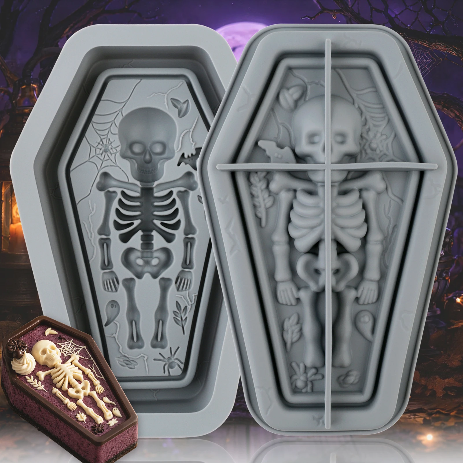 2er-Pack Halloween-Sarg-Schädel-Skelett-Silikon-Backform, Gothic Grusel-Halloween-Form für Mousse-Kuchen, Schokolade, Gelee, Pudding