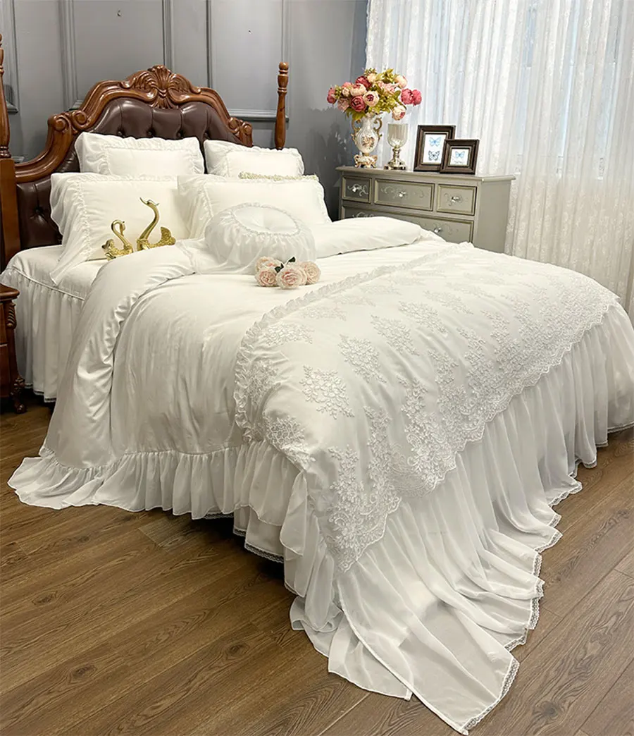 Royal fairyfair lace edge ruffled bed sets,full queen king girl cotton elegant princess wedding bedskirt pillow case quilt cover