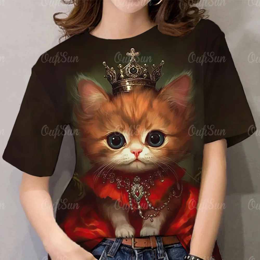 

Women O-Neck T-Shirts Jewelry Cat Printing Casual Pullover 2024 Summer Loose Short Sleeves Oversized Tee Shirt Female Clothing