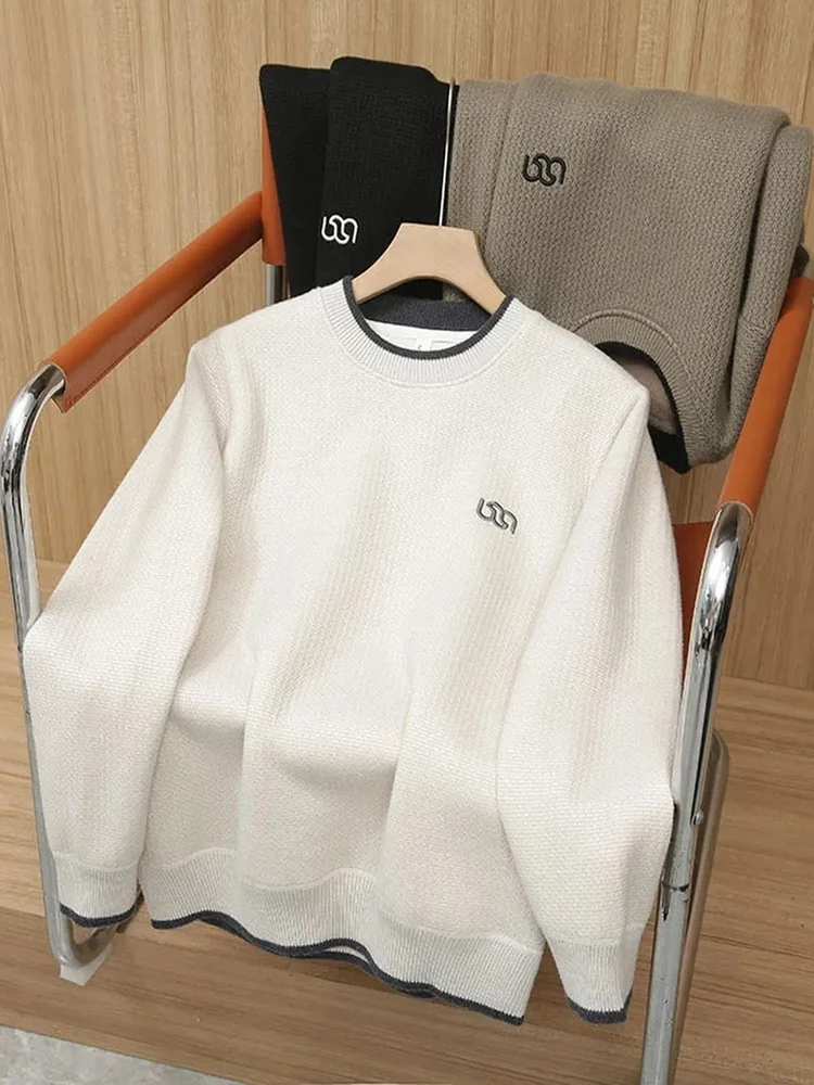 

Thiened Fce Knitted Sweatirt round Ne Long Sve Casual Loose Fit Men's Sweater Embroidered Contrast Color for Autu...