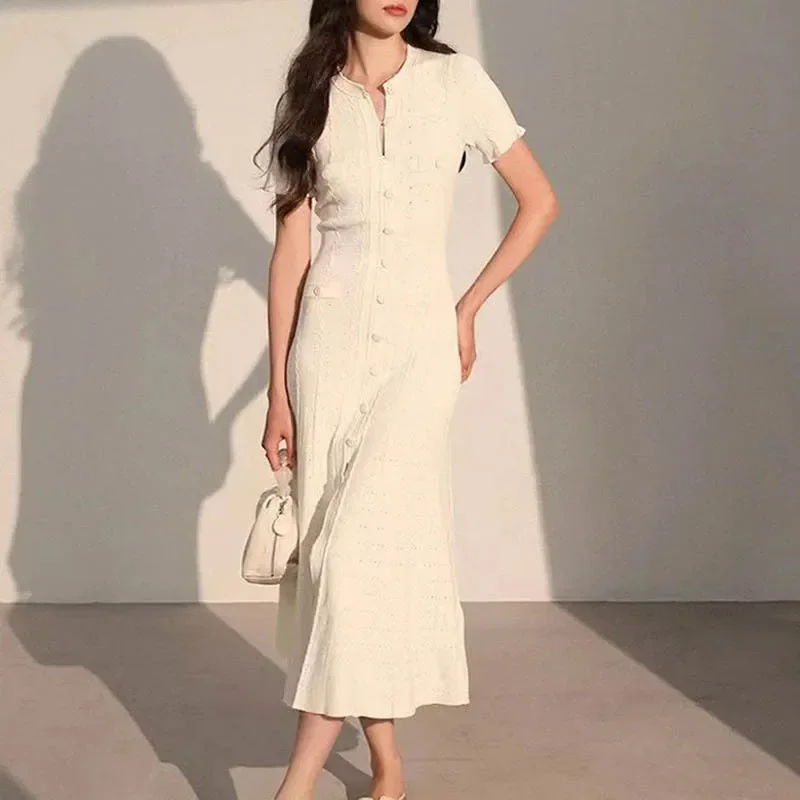 

Slimming Knitted Dress Hollow out Short Sleeve Lace Trim Waist Cinched Long Fashionable Sweater Dress Crew Neck