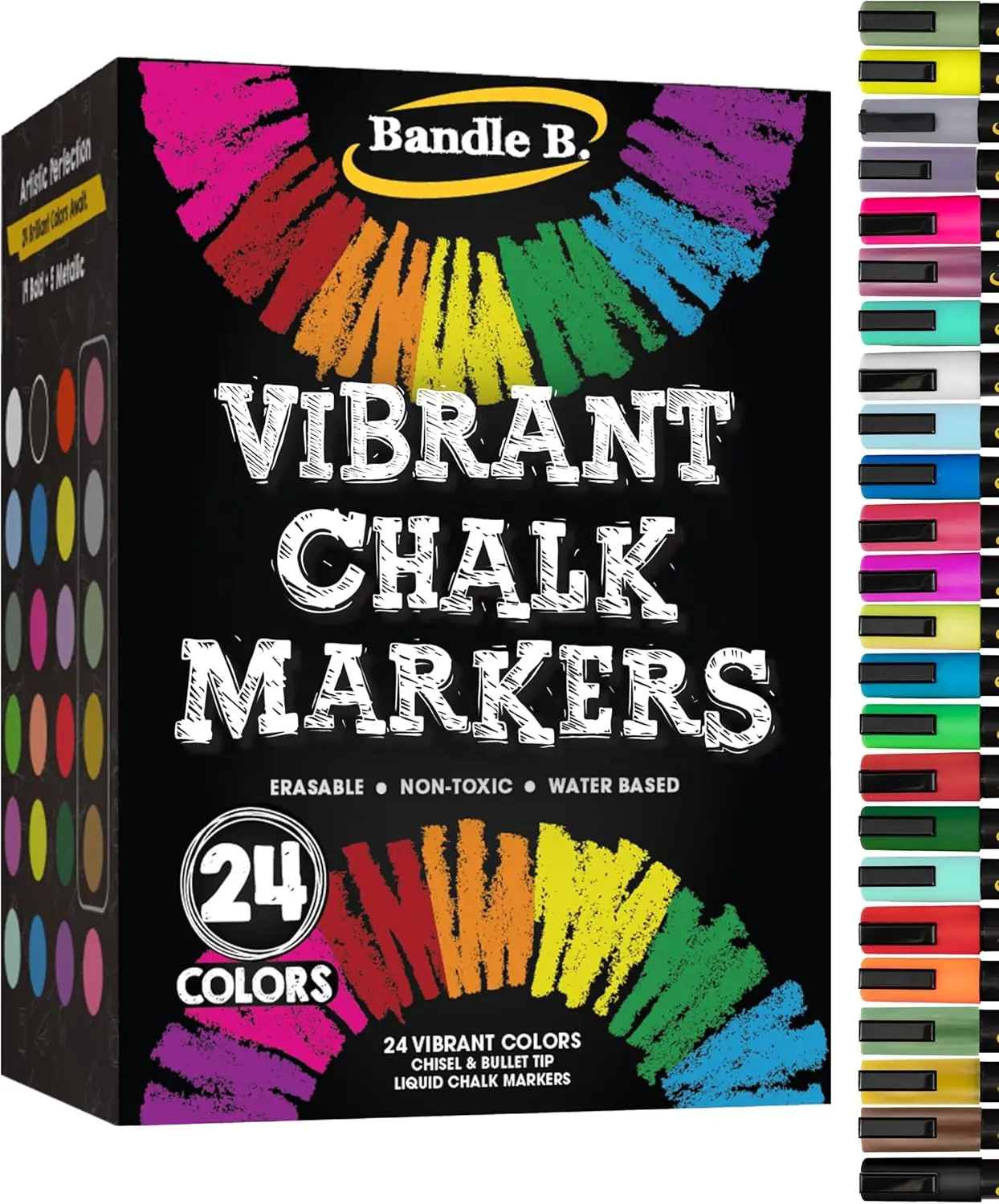 

24 Vibrant Chalk Markers - Erasable, Non-Toxic, Water-Based, Reversible Tips for Glass & Chalkboards
