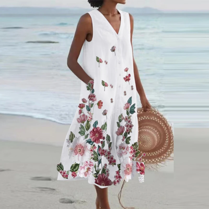 

Simple Fashion V Neck Boho Sundress Women 2023 Spring Single Breasted Pleated Long Dress Summer Sleeveless Tank Beach Maxi Dress