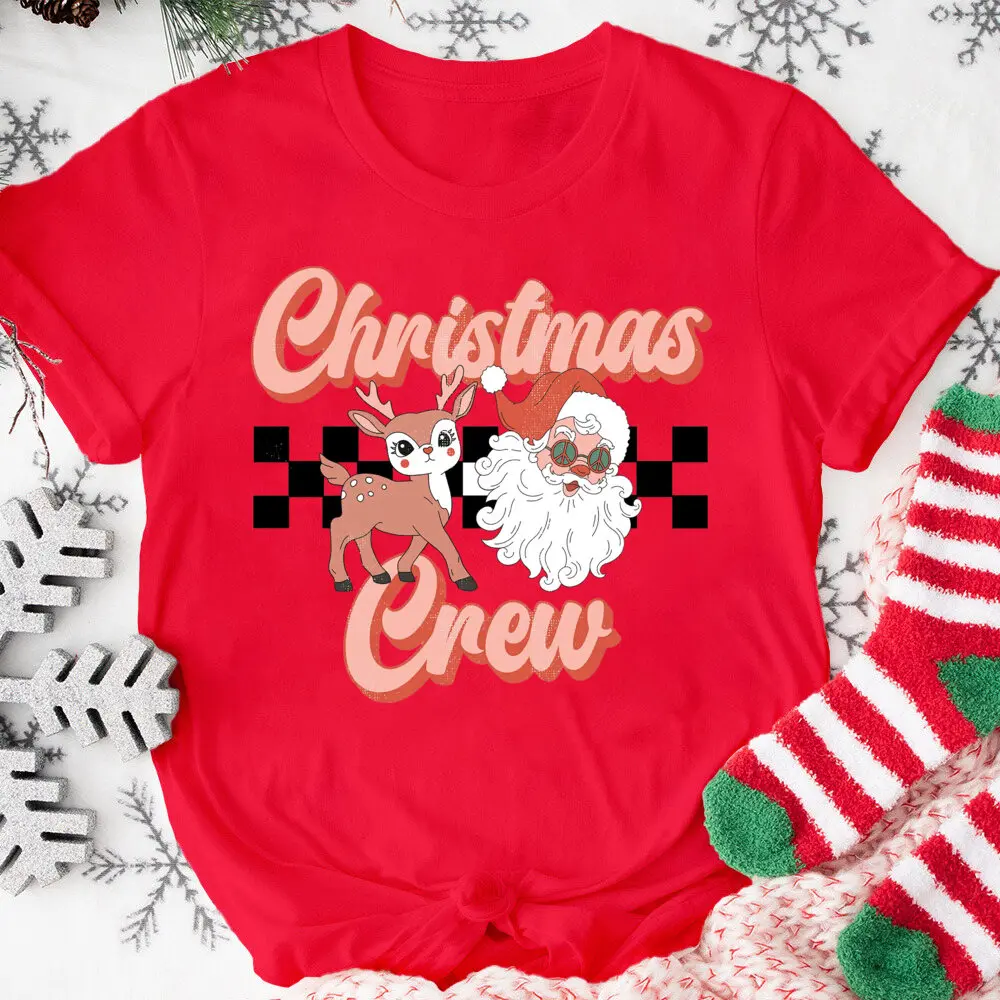 Christmas Crew Santa Claus Women T-shirts Cute Christmas Reindeer Shirt Winter Holiday Shirts Ladies Xmas TShirt Clothes