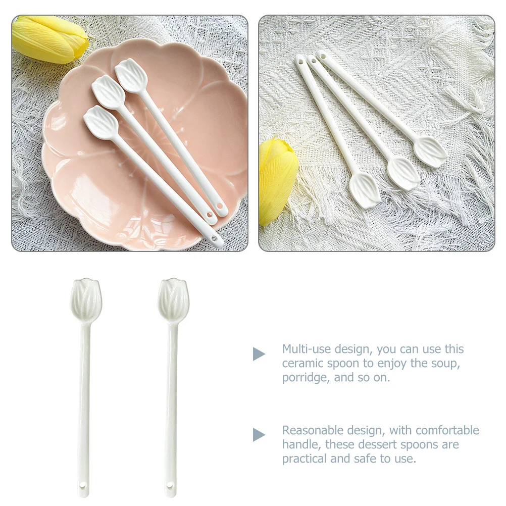 

2Pcs Ceramic Coffee Spoon Tulip Flower Small Multipurpose Soup Dessert Spoon for Home Kitchen Restaurant Use