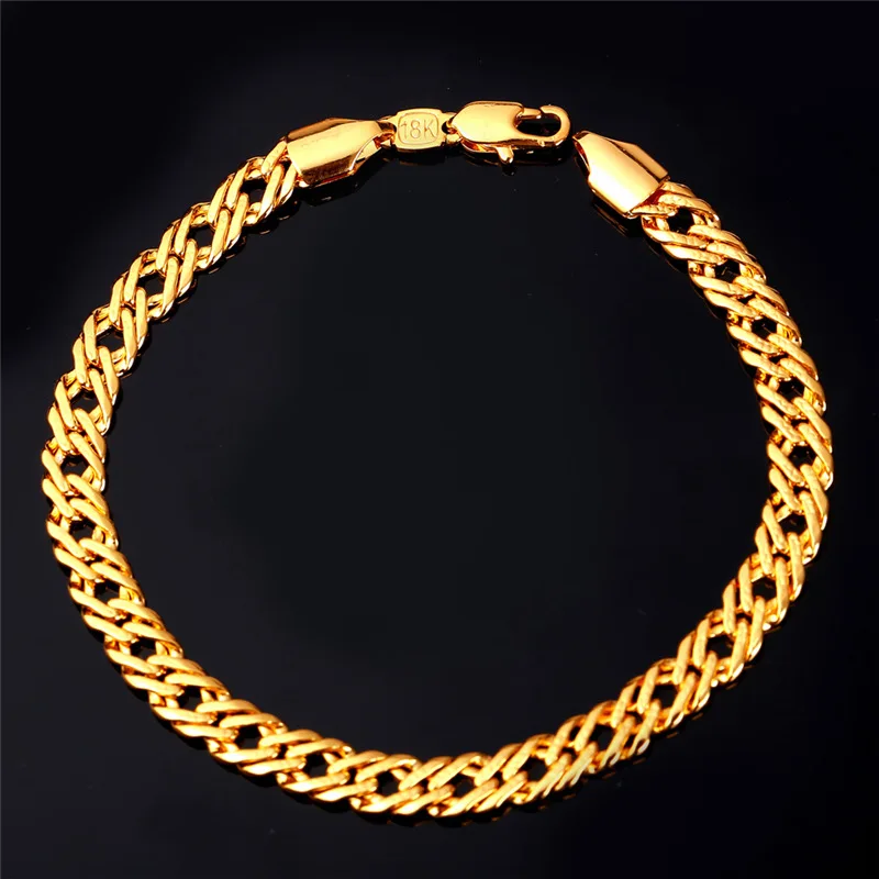 ChainsPro Stainless Steel 6mm Flat Link Chain Bracelet for Man 18k Gold Color Lobster Clasps Closure Daily Jewelry