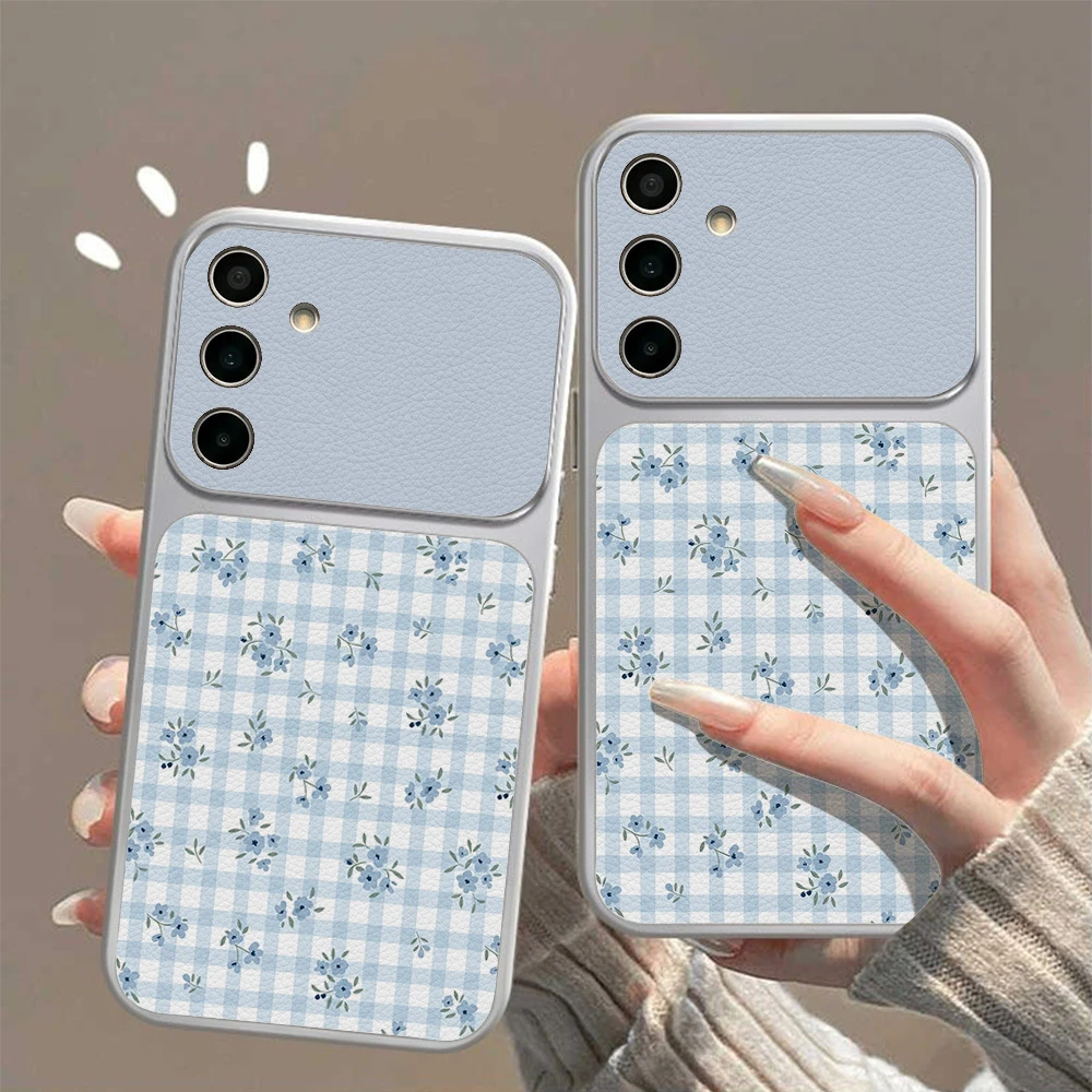 Blue Plaid Floral TPU Phone Case For Samsung S26 S25 S24 Ultra S23 S22 S21 S20 Plus Note 20 A73 A55 A50 A36 A35 A25 A15 Cover