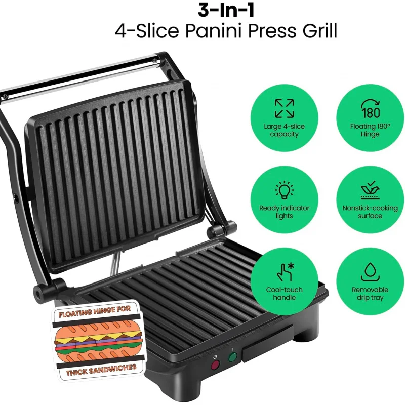 Panini Press Grill and Gourmet Sandwich Maker Non-Stick Coated Plates, Opens 180 Degrees to Fit Any Type or Size of Food, Stainl