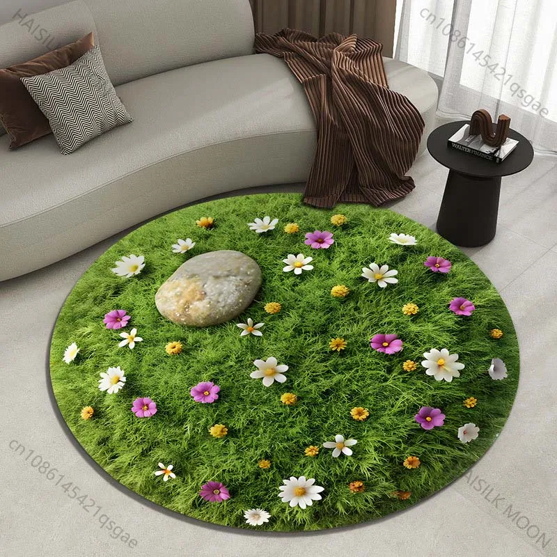 Circular grassy field with colorful flowers and a stone Printed round carpet living room sofa table carpet large pet mat