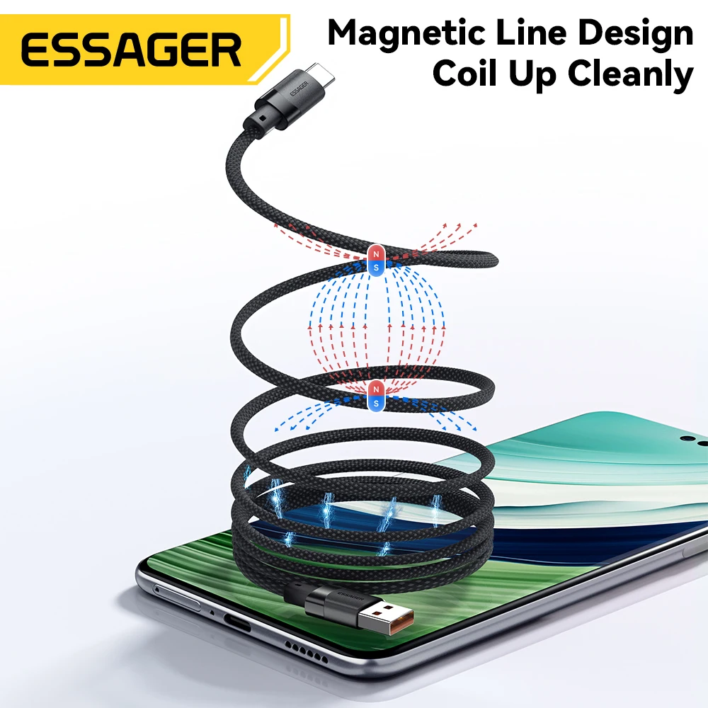 Essager-Cable de carga rápida 7A USB A tipo C, 100W, succión magnética, Cable de datos antibobinado para Samsung OPPO Onplus Realme