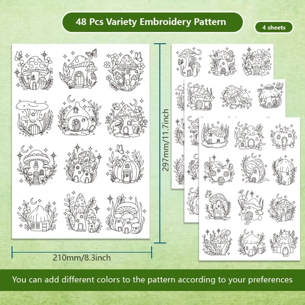 4Sheets 48Pcs Mushroom Hut Water Soluble Embroidery 11.7x8.3inch Stick and Stitch Embroidery Paper Stabilizer Water Soluble