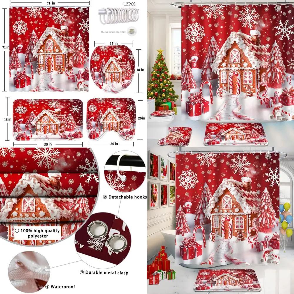 

Christmas Bathroom Decor: 4-Piece Shower Curtain Set with Rugs, Hooks, and Gingerbread Theme
