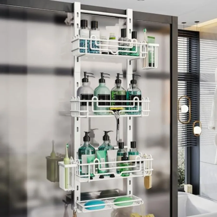 

4 Tier Over the Door Shower Caddy, Hanging Shower Caddy with 22 Hooks and 2 Toothbrush Holders, No Drilling Adjustable Hanging