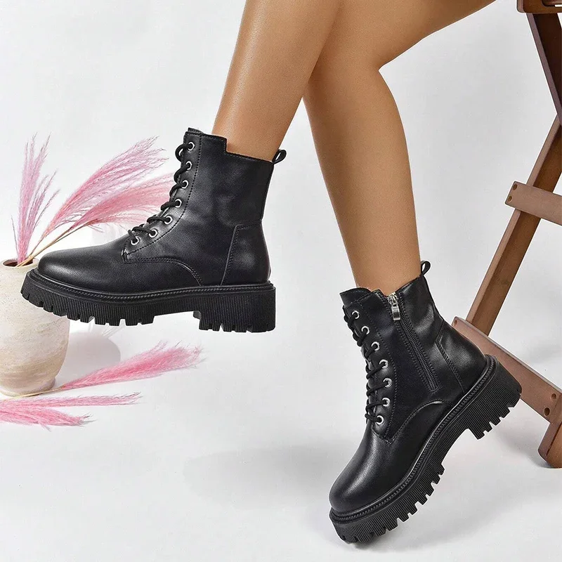 Stiefeletten für Damen, Winter 2025, Schnürung, Pu-Leder, Motorrad, Damen, Übergröße, kurze Stiefeletten, Schuhe, dick, warm, lang, Plüsch