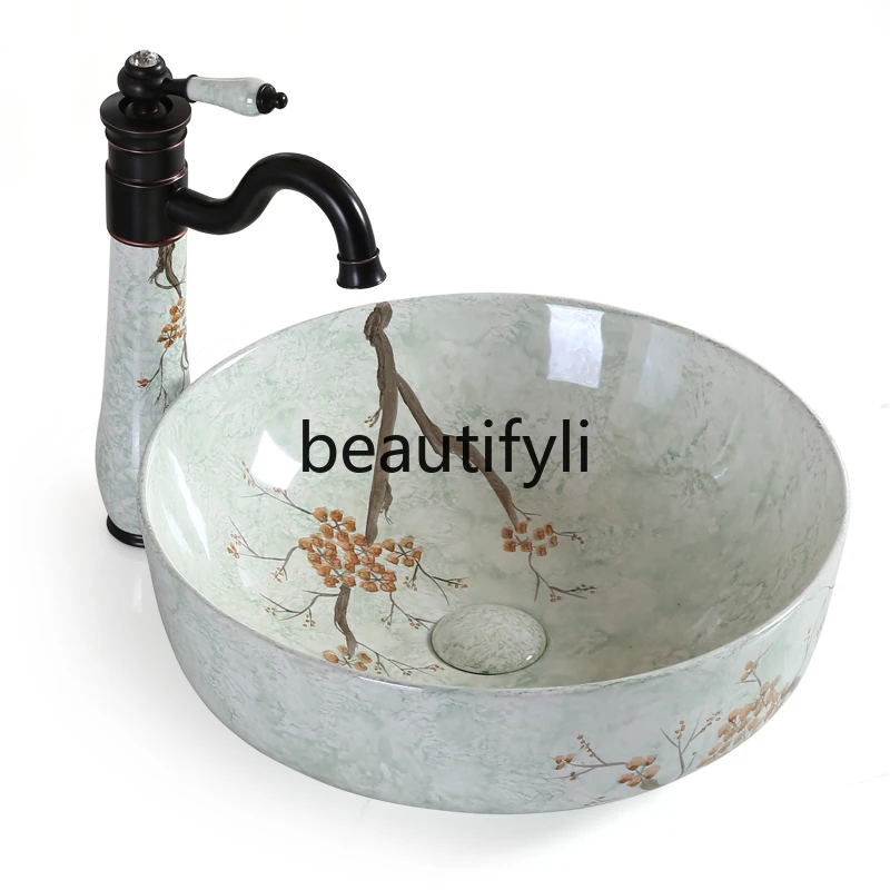 Chinese counter basin wash toilet art ceramic national style retro basin balcony single basin