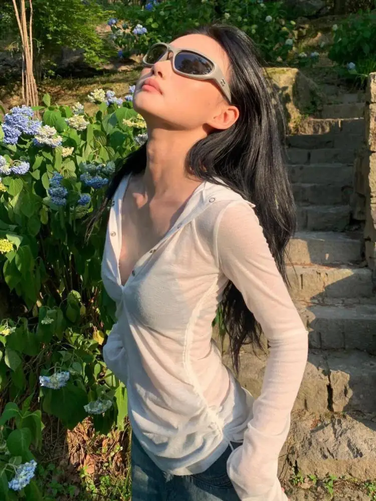 Seeslim Hooded T Shirt Women Clothes Long Sleeve See Through Slim 2000s Clothes Y2k Tees Female Clothing Chic Spring Tops Korean image 4