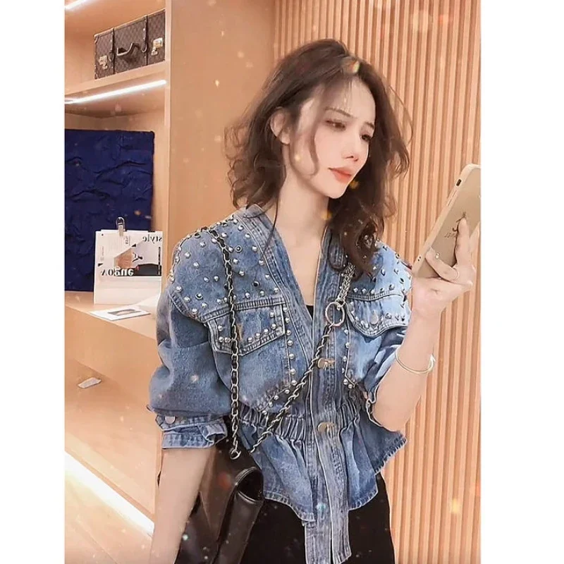 Beaded Denim Jacket Women Fashionable Design Denim Coat Literary Waist V-neck Spring Two-button Irregular Crop Top