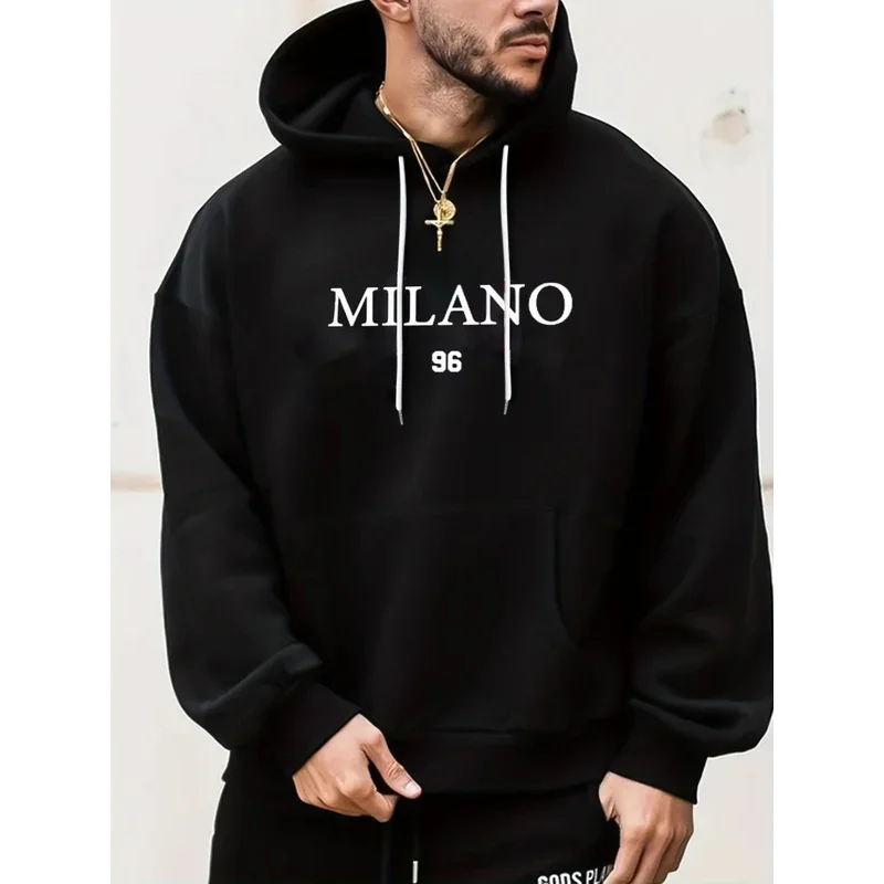 الرجال الخريف والشتاء المألوف عارضة فضفاض المتضخم ميلانو 96 المطبوعة الصوف البلوز مقنعين طويلة الأكمام البلوز