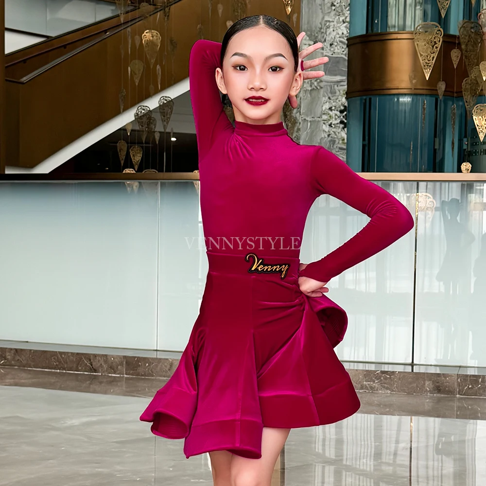 Vennystyle Latin dance competition dress Long sleeve, high neck, middle finger velvet dance dress for girls and children