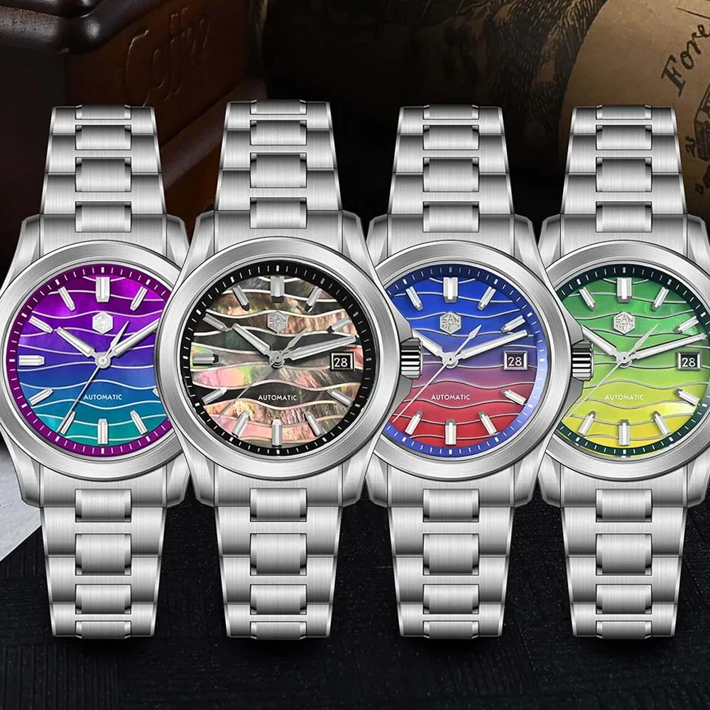San Martin SN0150G 39mm Men Watch Gradient Color Splicing MOP Dial Miyota 9015 Automatic Mechanical Watches Sapphire Waterproof