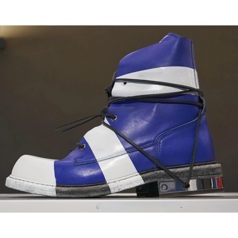 Multicolor Catwalk Ankle Men's Boots Strap Design Shoes Winter Boots Retro Genuine Leather Luxury Slip On Casual High-top Shoes
