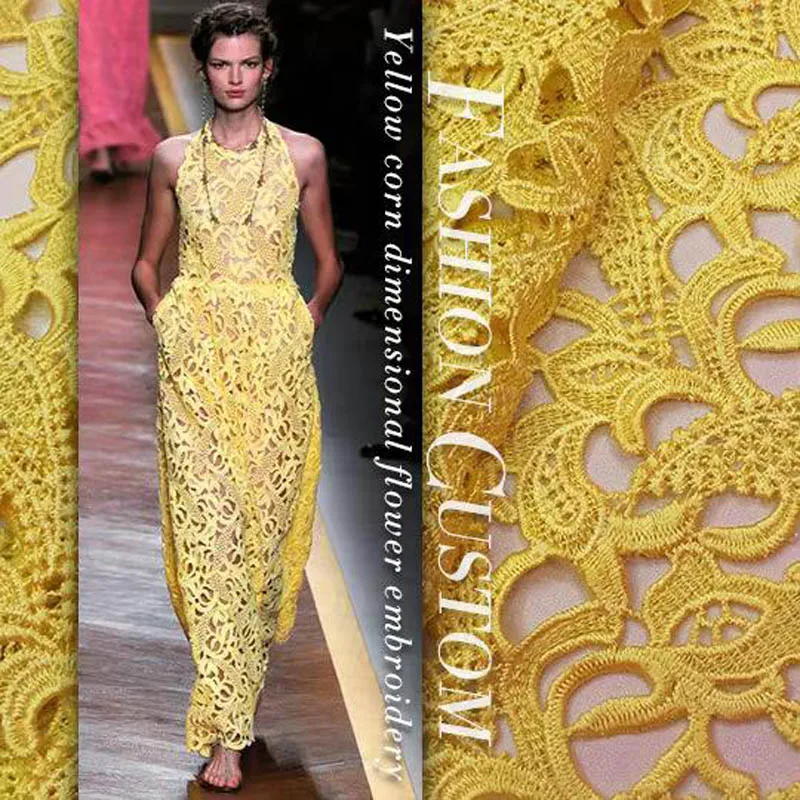 

Высококачественная кружевная ткань, желтая стерео вышивка, золотой цветок, основная ткань для костюма, ткань для показа мод, ткани для шитья свадебного платья 3D