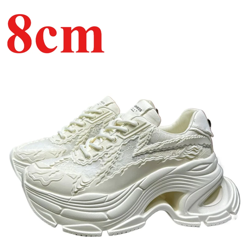 Ultra Light Casual Daddy Shoes Women's 8cm Thick Bottom Increased Shoes Genuine Leather Lace Hollow Mesh Height Increasing Shoes