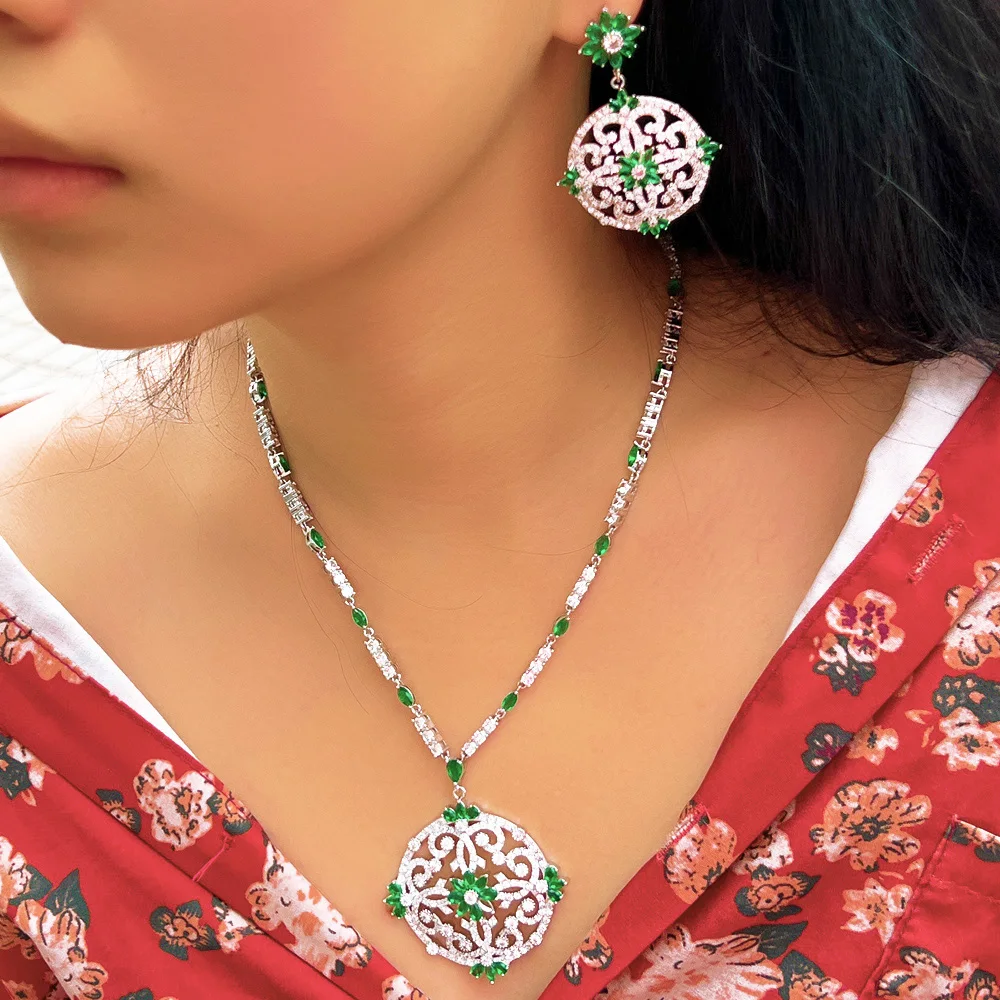 

Pera винтажный большой полый дизайн зеленый CZ циркон круглый кулон ожерелье серьги наборы для женщин роскошные банкетные украшения J199