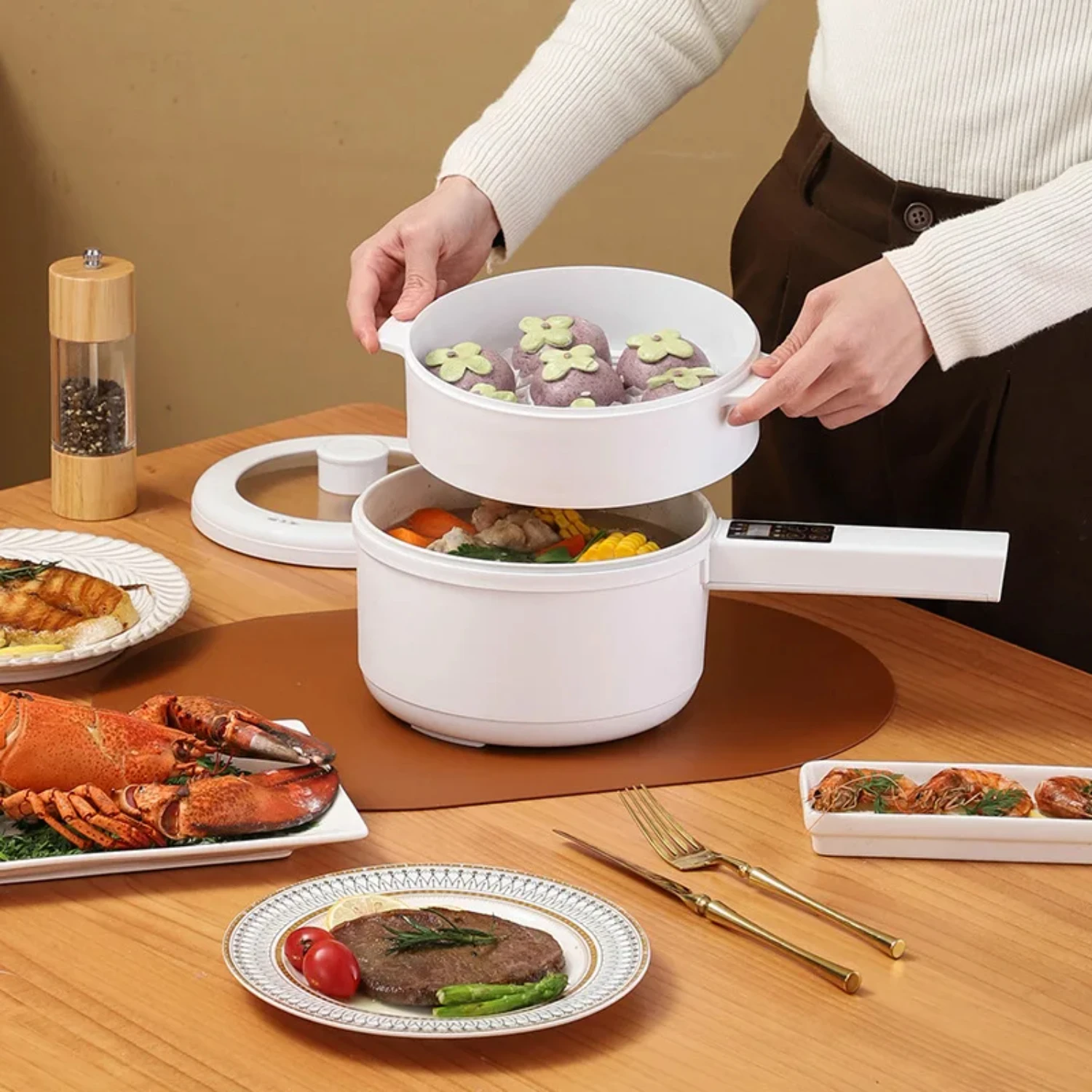 

1.6L Hot Pot Multifunctional Long Handle Cooker Single/Double Layer 220V Nonstick Pan