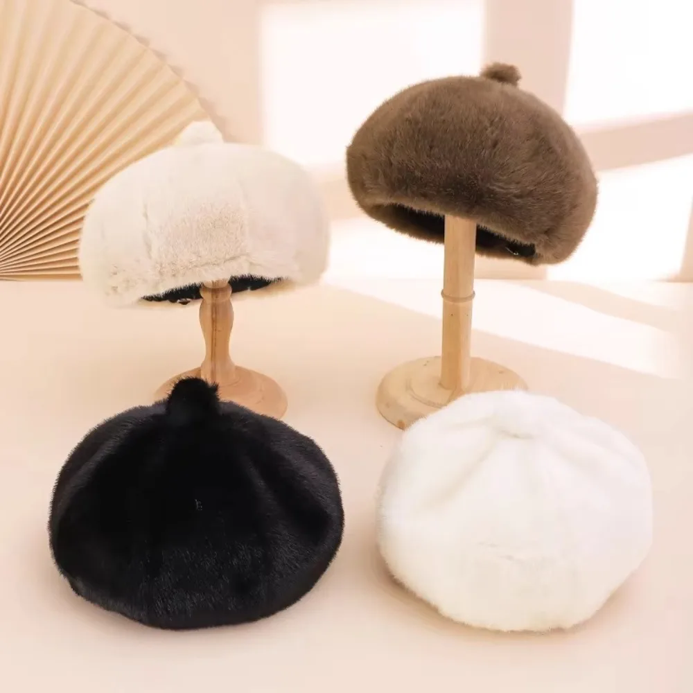 Sweet Leopard Print Faux Rabbit Fur Beret Solid Color Flush Furry Painter Beret Hat Keep Warm Thicken Fluffy Beret Women Girl