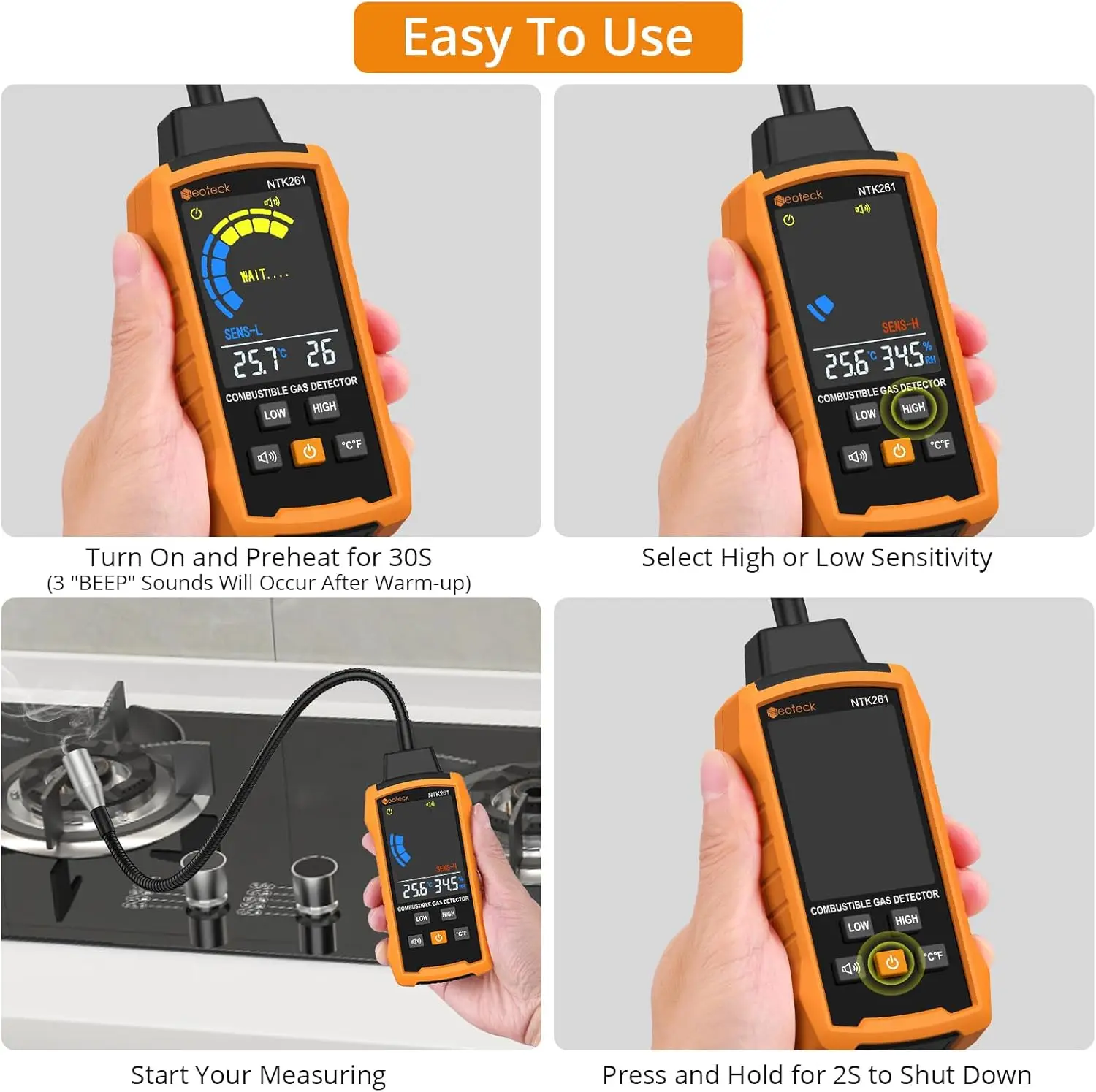 كاشف تسرب الغاز Neoteck، 12 معقوفة، إنذار مسموع ومرئي، اختبارات الميثان/البروبان/البنزين/الغاز الطبيعي، لخطوط الأنابيب/المواقد