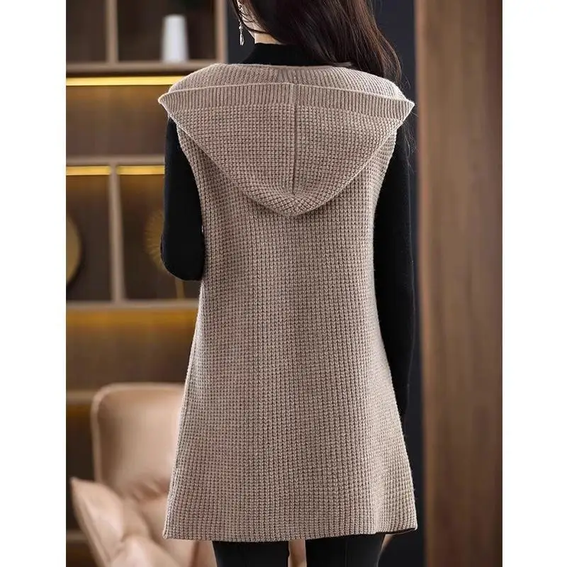 Autumn Winter Women Clothing Hooded Long Sweater Vest Coat Solid Sleeveless Fashion Casual Loose Vintage Knitted Cardigan Tops