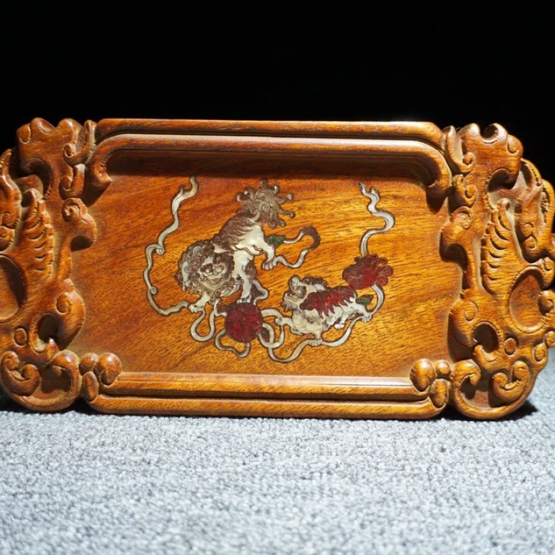 Rosewood Inlaid Shell Everything Goes Well Tea Tray Ornament Solid Wood Ornament Collection