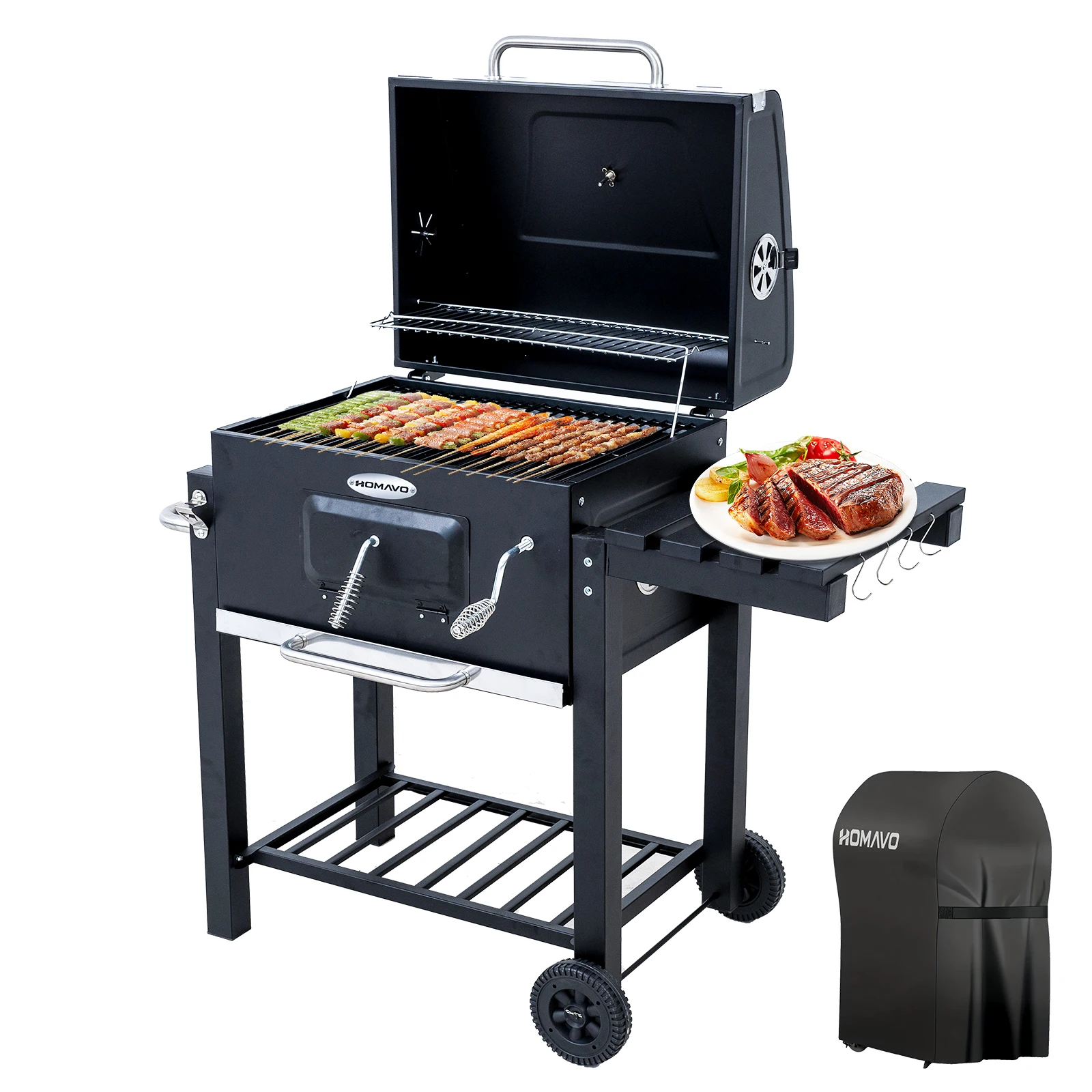 HOMAVO Barbecue Charbon de Bois, Surface de Cuisson: 56×42,5 cm, Bac à Charbon Réglable en Hauteur, Table Latérale Pliante, Thermomètre, Housse Barbecue Incluses