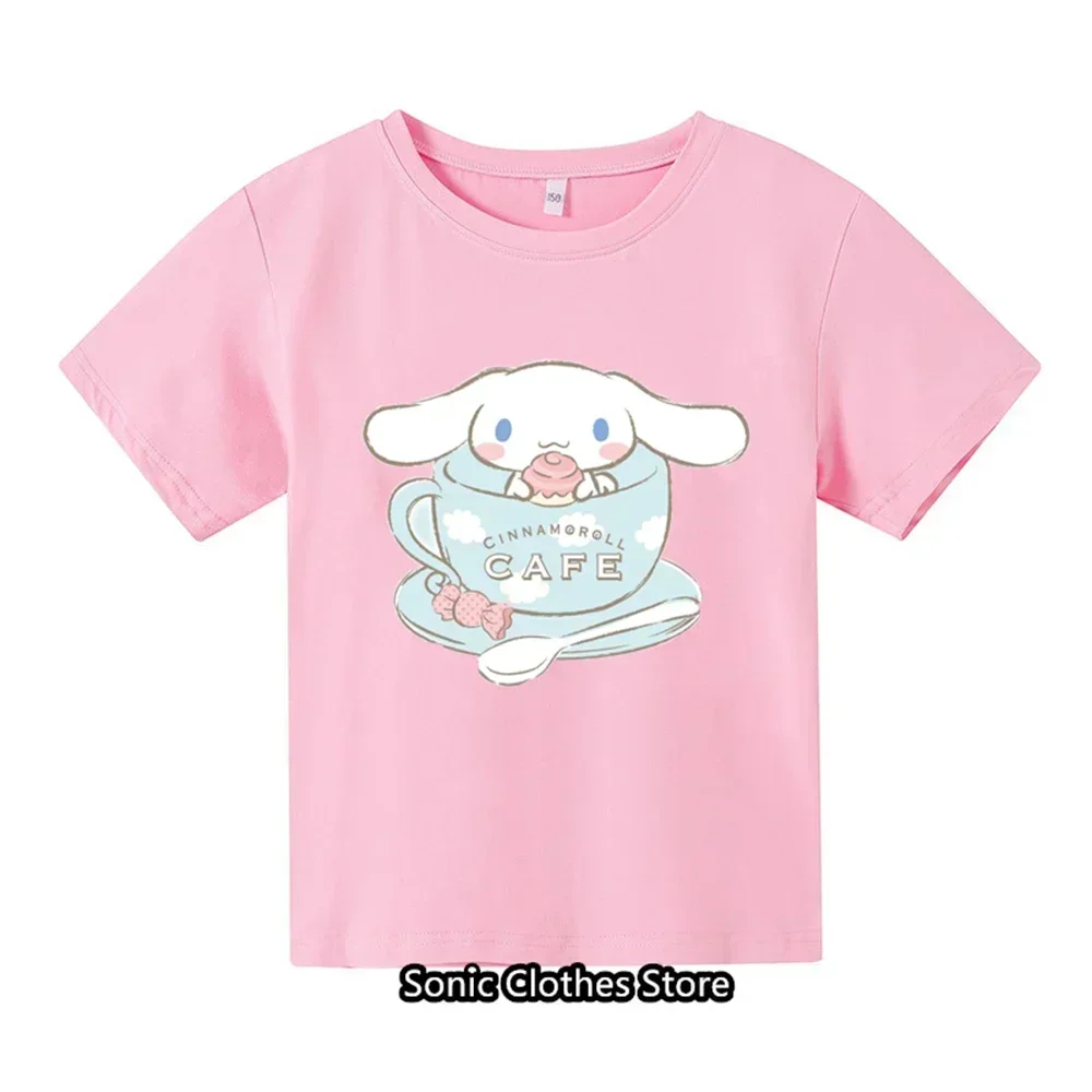 

Новая футболка MINISO с изображением корицы для детской одежды, для девочек и мальчиков, модная повседневная футболка с коротким рукавом Sanrio с изображением героев мультфильмов