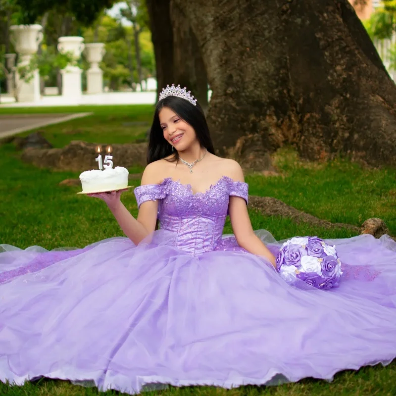 

Shiny Purple Quinceanera Dresses Off the Shoulder Sequin Lace Decal Long tail Vestido De 15 Quinceanera Customize