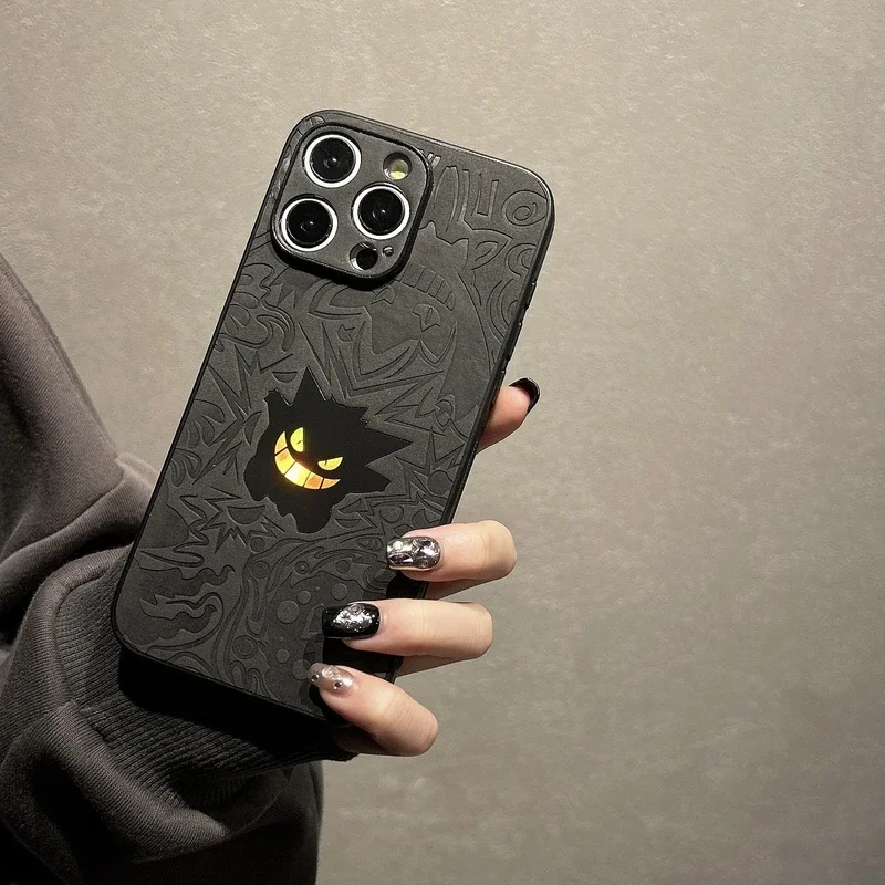 Japan Anime Pocket Monsters Pokémon Gengar Leather Laser Phone Case For iPhone 15 14 13 12 11 Pro Max Shockproof Hard Cover