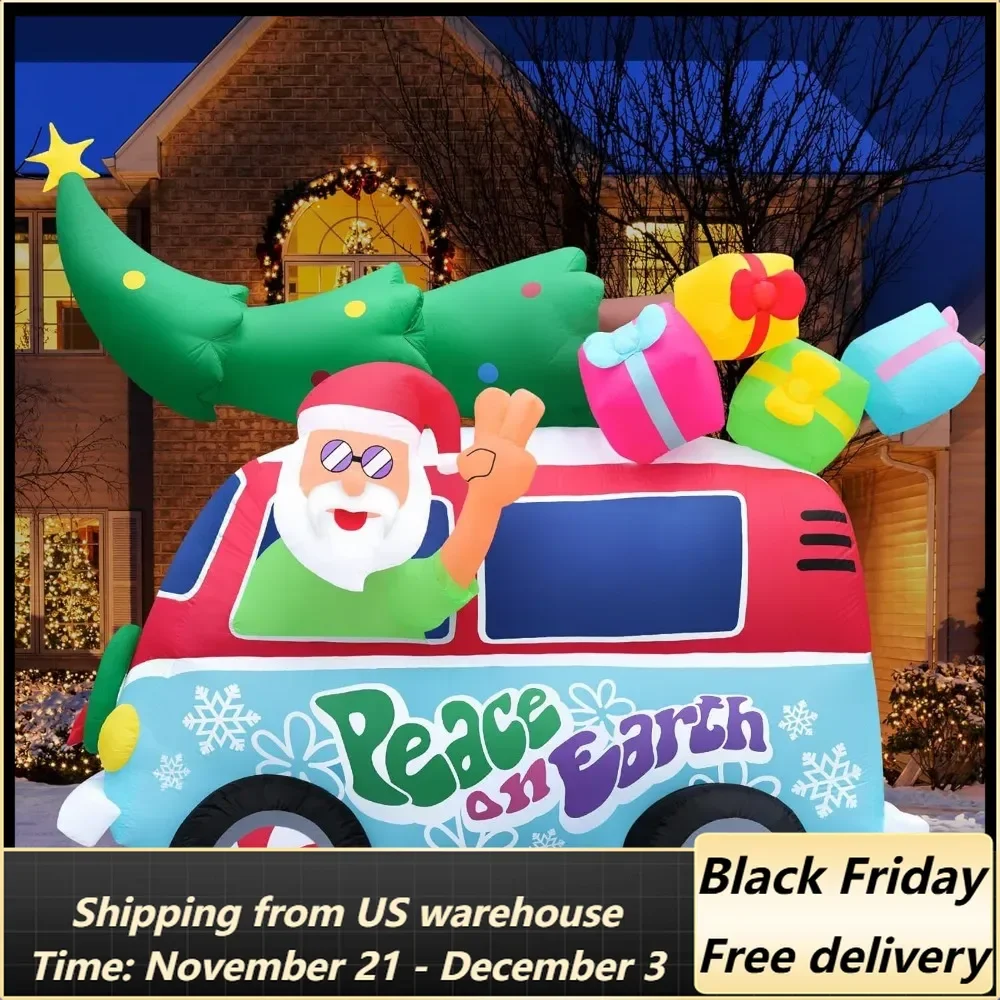 Christmas Inflatables Large 8ft Tall Santa Hippie Van Inflatable Outdoor Christmas Decorations Blow Up Xmas Decorations for Yard