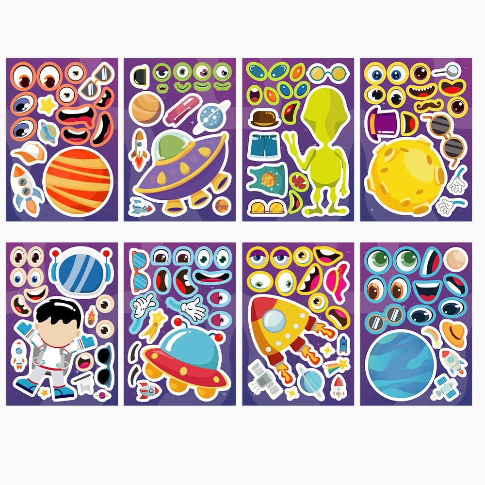 8PCS Space Planet Astronaut Collage Stickers Anime Cute Cartoon Puzzle DIY Hand Account Water Cup Refrigerator Stickers