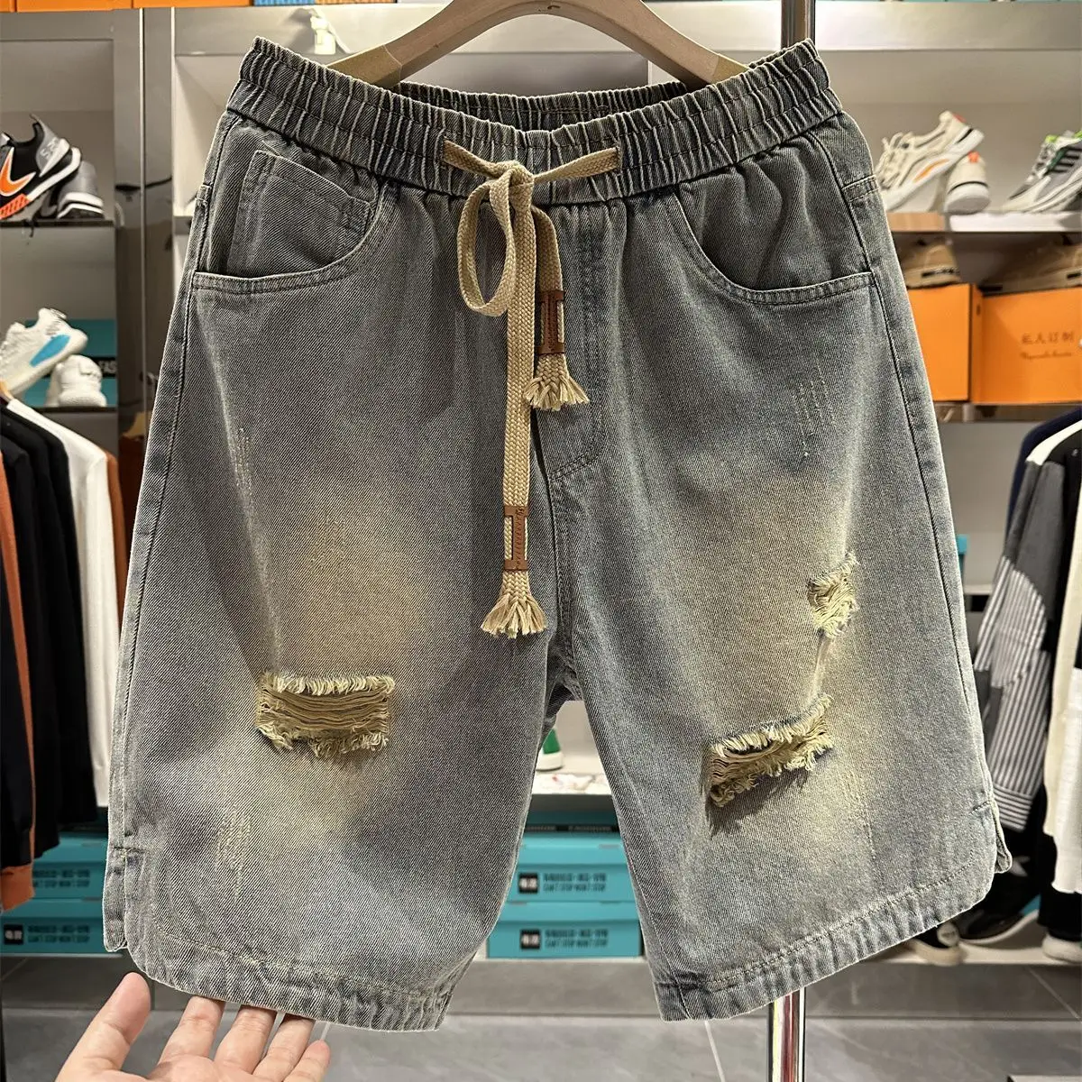 

Мужские летние джинсовые шорты High Street с потертостями, винтажные эластичные свободные прямые потертые джинсовые шорты с завязками на пять очков